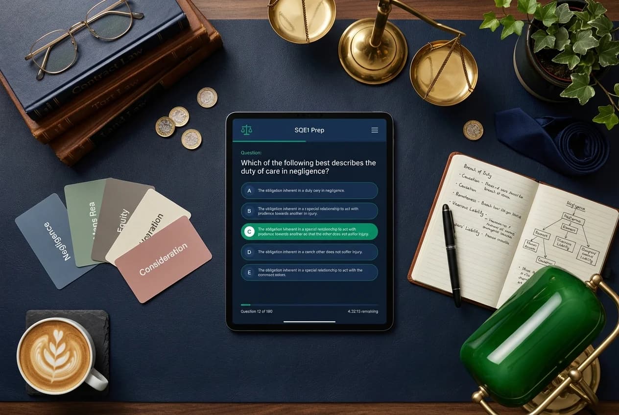 SQE1 Prep app showing a practice question with flashcards, law books, and scales of justice on a professional desk