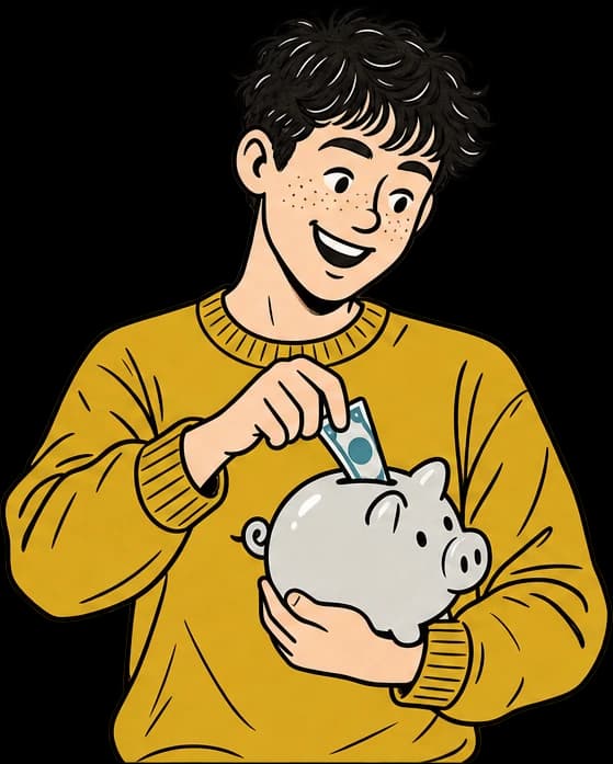 Illustration of a student dropping a banknote into a piggy bank