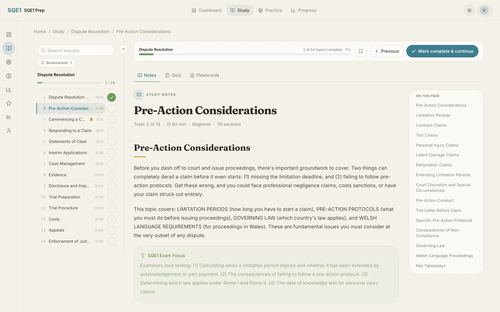 The SQE1 Prep lesson player: the Dispute Resolution lesson list with a completed topic ticked, the Pre-action considerations study notes, and an On this page section list beside them.