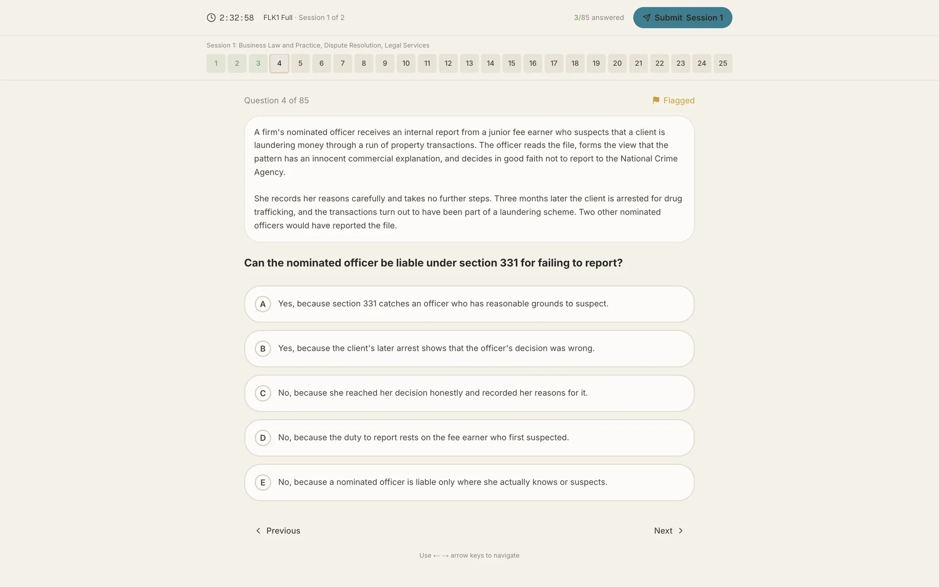 An FLK1 mock exam in progress in SQE1 Prep: the session timer, the question navigator with answered and flagged questions, and the current question with its options.